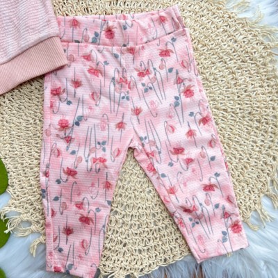  Conj. Casaco Gola Gripyr e Calça Legging Floral - Rosa e Pêssego 